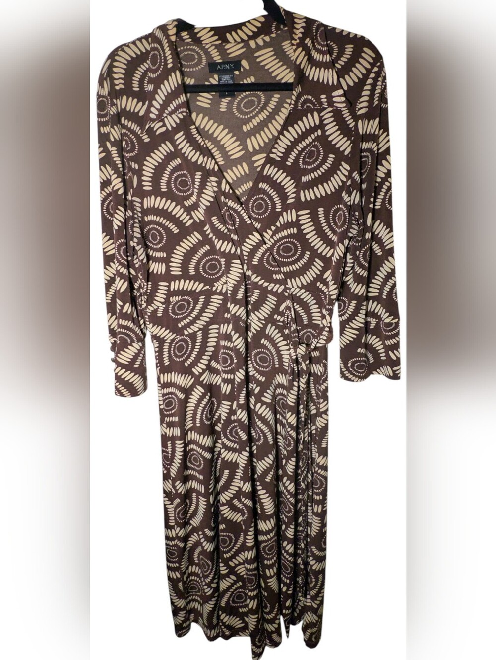 A.P.N.Y. NWOT Brown Abstract Faux Wrap Midi Dress Size L